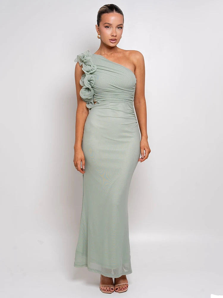 Shoulder Floral Mesh Ruched Sexy Maxi Dress for Women Gown Oblique Shoulder Sleeveless Backless Bodycon Long Dress Green / L