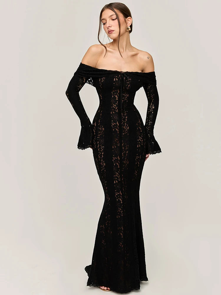 Maxi Dress | Black Lace, Off-Shoulder, Evening Wear, Black / M Maxi Dress | Black Lace, Off-Shoulder, Evening Wear, Black / M