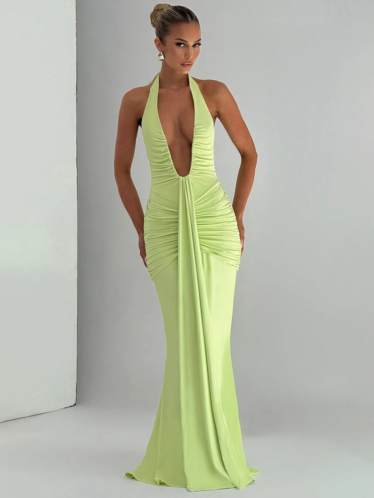 Sexy Amber Maxi Dress - Deep V-Neck & Backless Design Green / L Sexy Amber Maxi Dress - Deep V-Neck & Backless Design Green / L