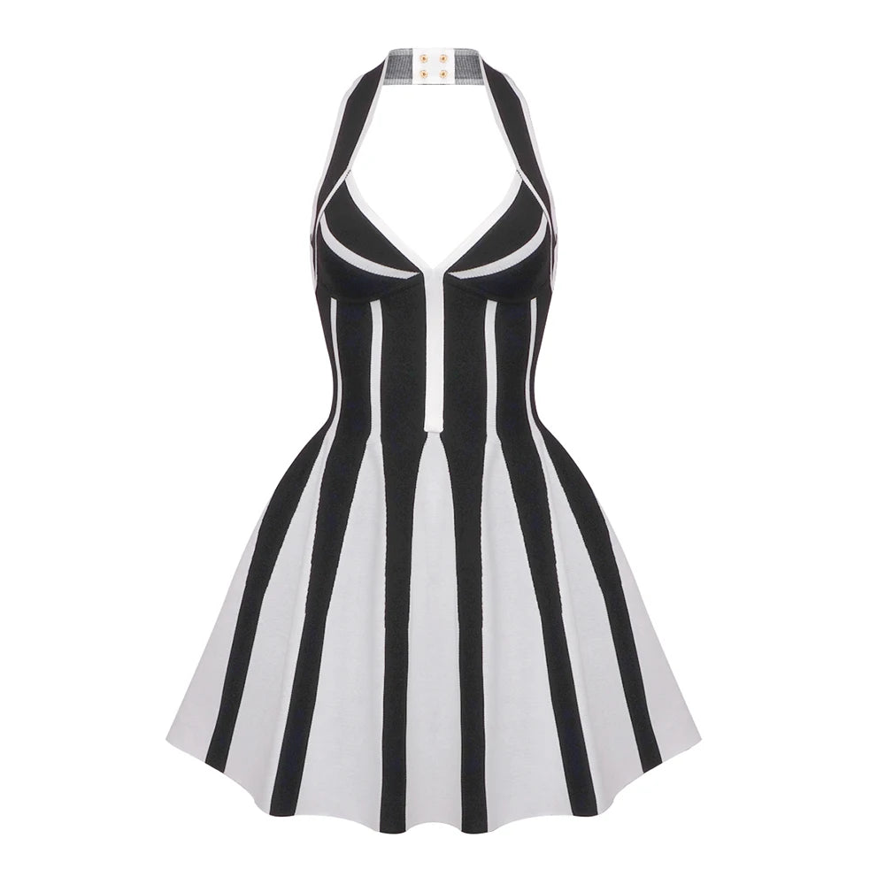 Black and white striped dress on a white background