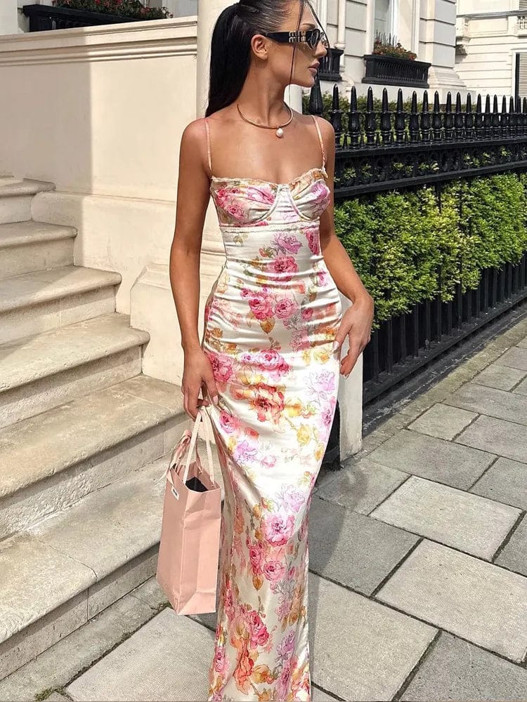 maxi bodycon floral dress Alexandranx Pink Floral Print Maxi Bodycon Dress Women's Long Sleeve Satin Black White Strapless Slim Fit Knitted Fabric Sexy Elegant Weddin,M