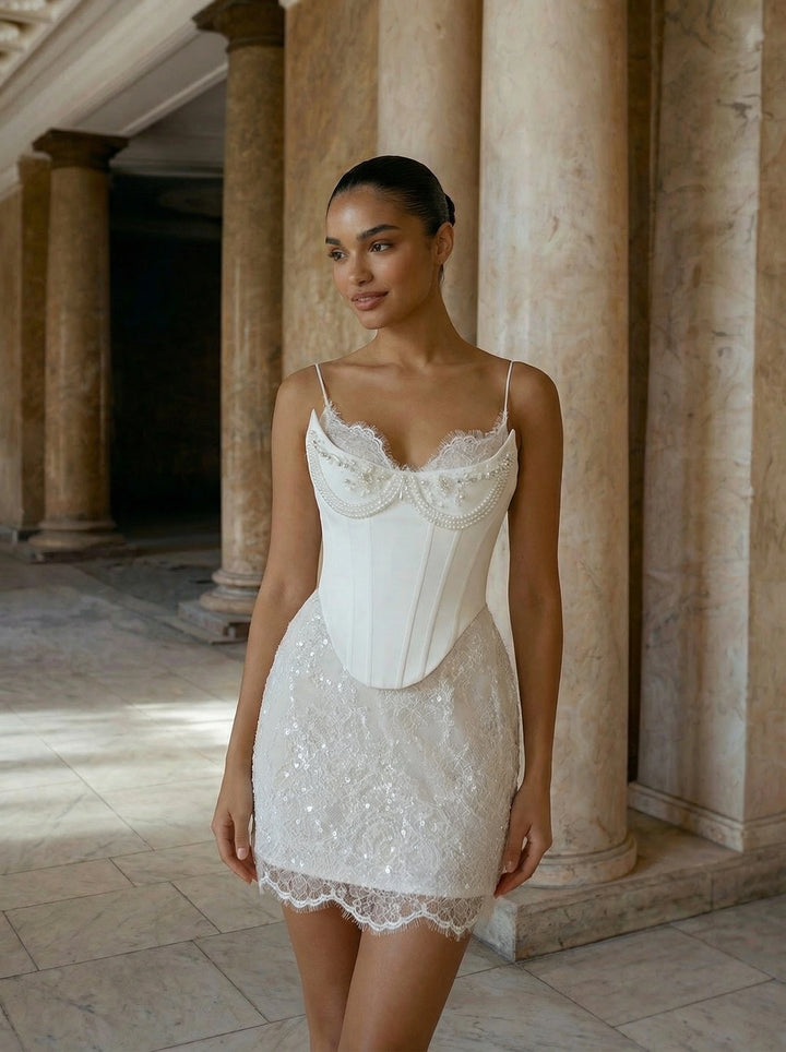 Woman wearing a white lace dress standing in an ancient architectural setting.