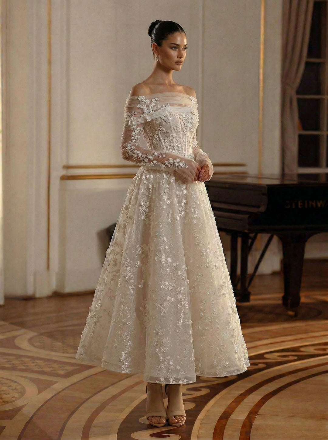 Woman in a white sequin dress standing in an elegant room with a piano.