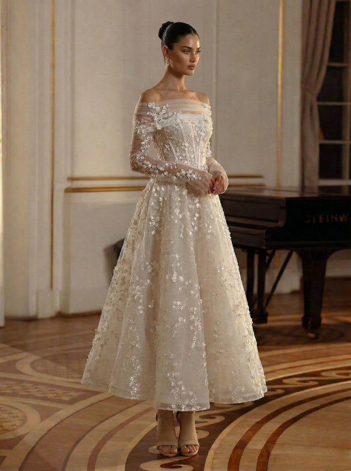 Woman in a white sequin dress standing in an elegant room with a piano.