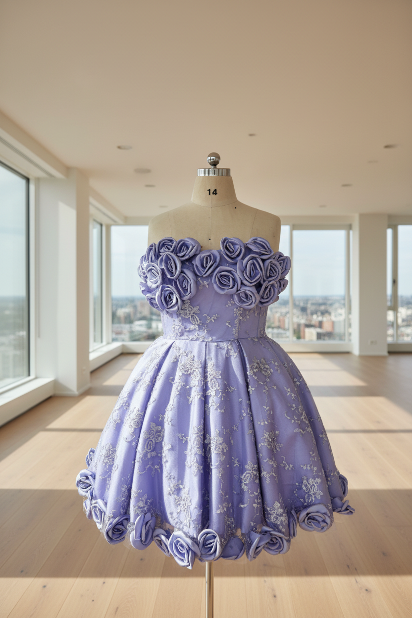 A lavender purple strapless tulle dress with 3D fabric roses on the bodice and hem, decorated with silver floral embroidery, displayed on a dress form mannequin.