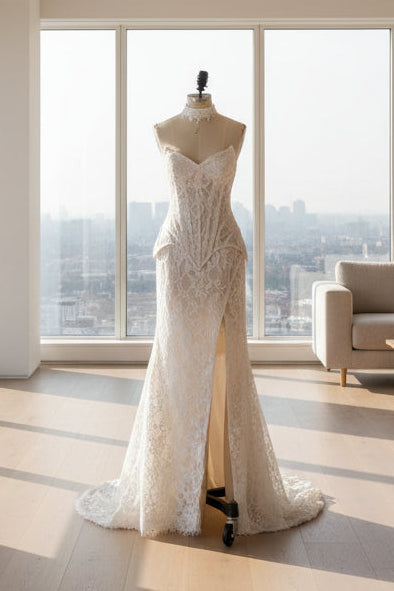 A white lace mermaid-style wedding gown displayed on a dress form mannequin in front of white curtains, with a high slit and structured corset bodice.