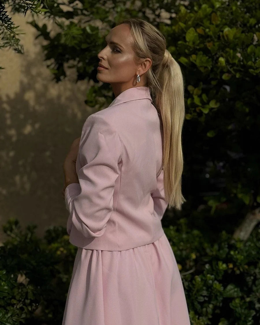 pink skirt suit