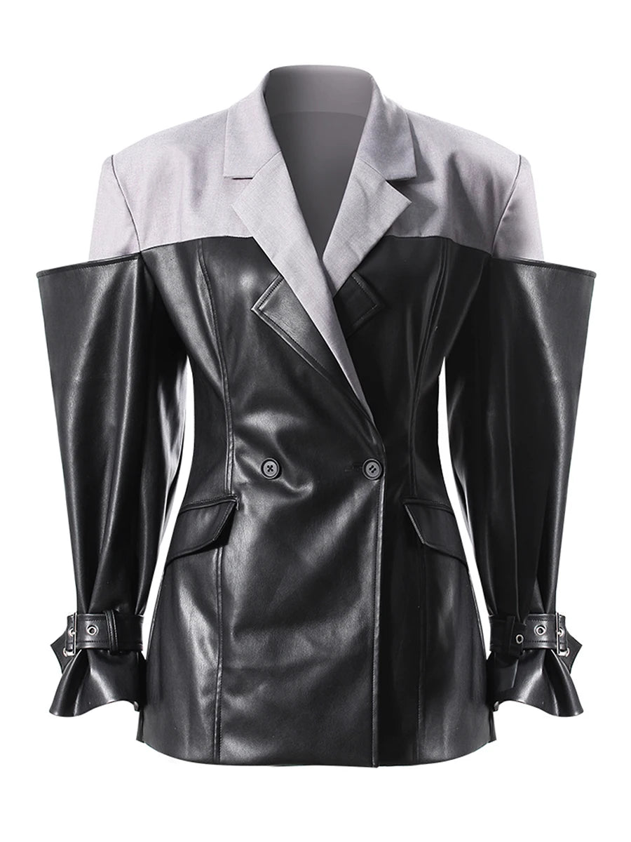 Black leather jacket with gray collar on a white background