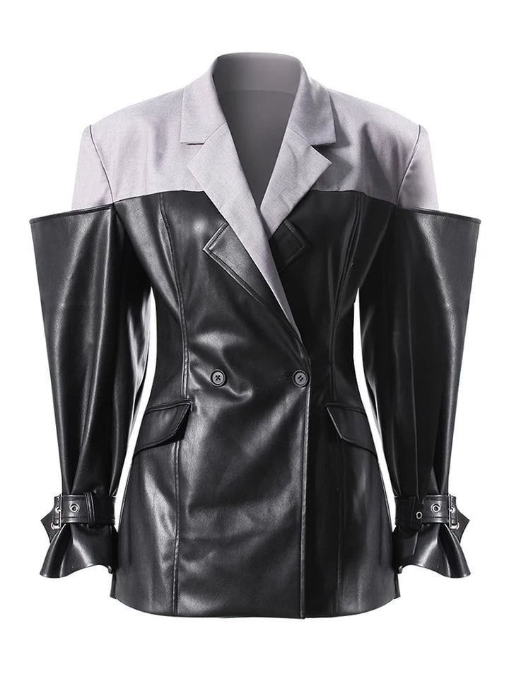 Black leather jacket with gray collar on a white background