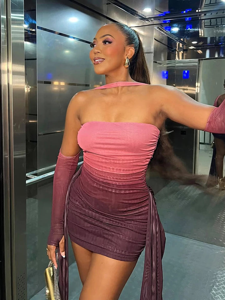 party mini dress This sheer design features strategic ruching along the sides and delicate ribbon detailing that creates a flattering silhouette. The fitted bodycon cut hugs your curves while the see-through fabric adds an alluring dimension perfect for evening occasions