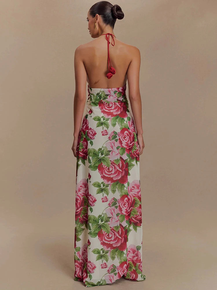 Woman wearing a floral dress with a beige background