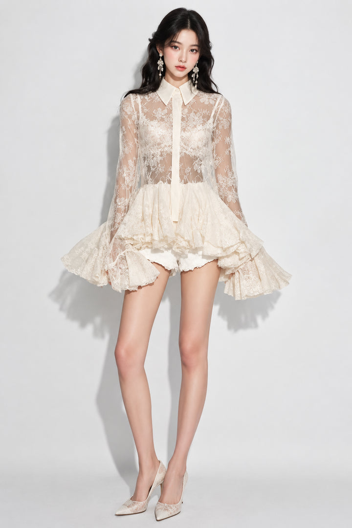 Beige lace dress with sheer overlay on a white background