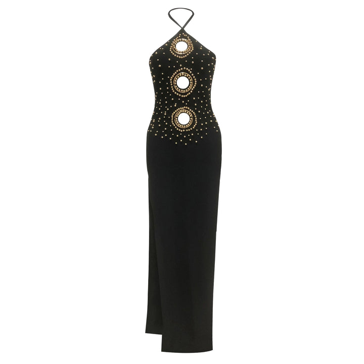 Black halter neck dress with gold circular embellishments on a white background