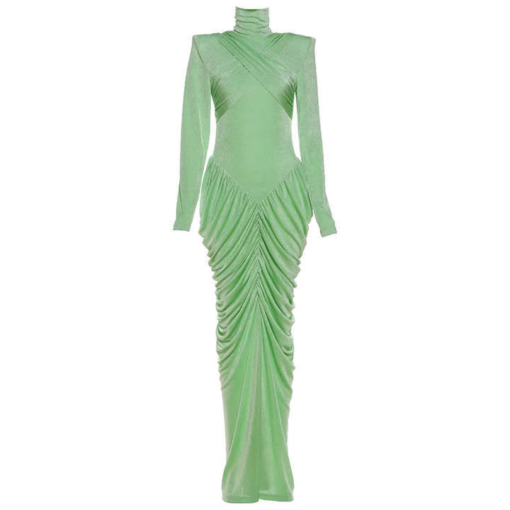 Green evening gown with long sleeves on a white background