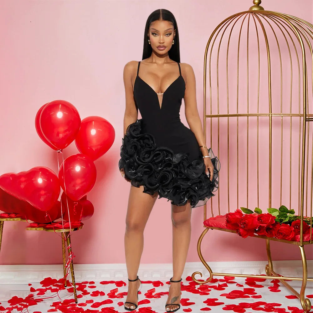 black mini dress This sleeveless bodycon silhouette features a flattering V-neckline and delicate straps that frame the shoulders beautifully