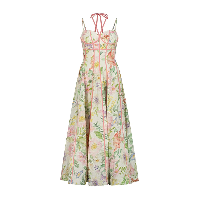 Floral dress with pink straps on a white background
