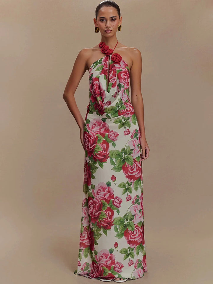 Woman wearing a floral halter neck dress on a beige background