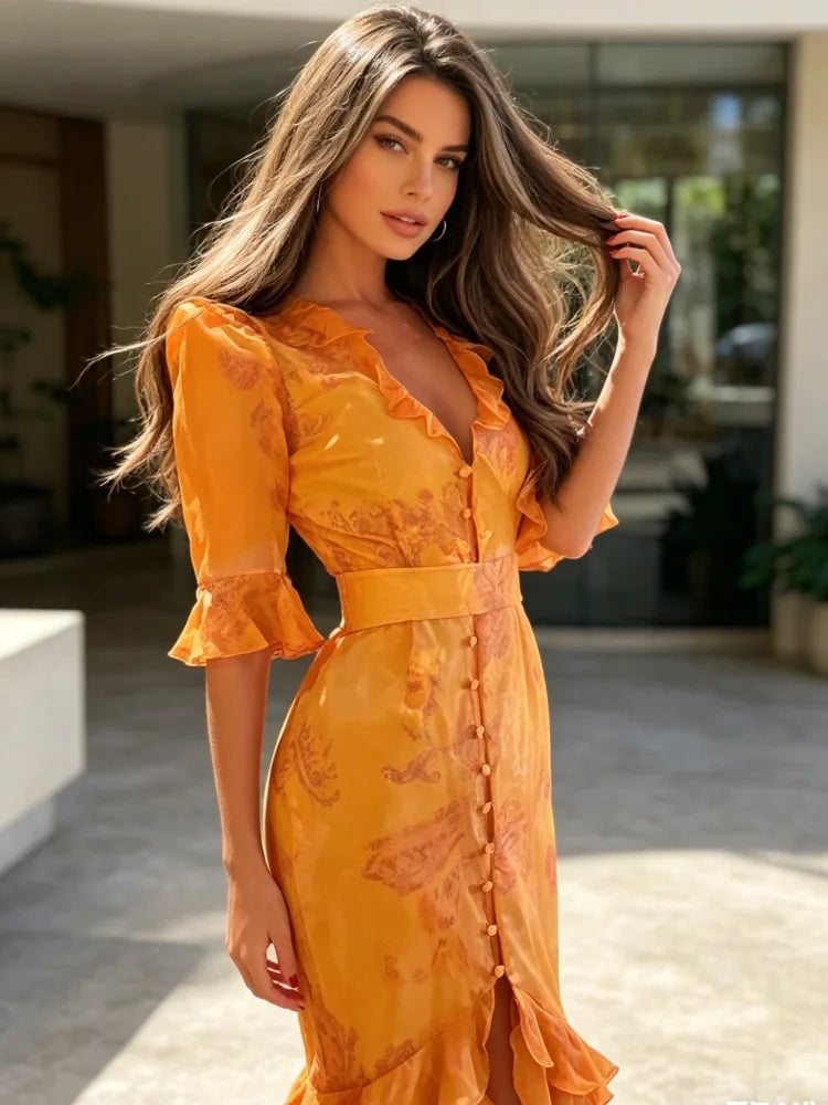 Woman wearing a yellow dress with a blurred background