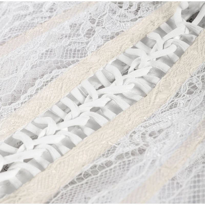 Close-up of lace fabric with a white and beige pattern