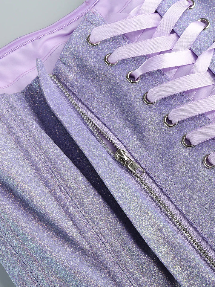 Purple strapless dress with ruffled skirt on a white background