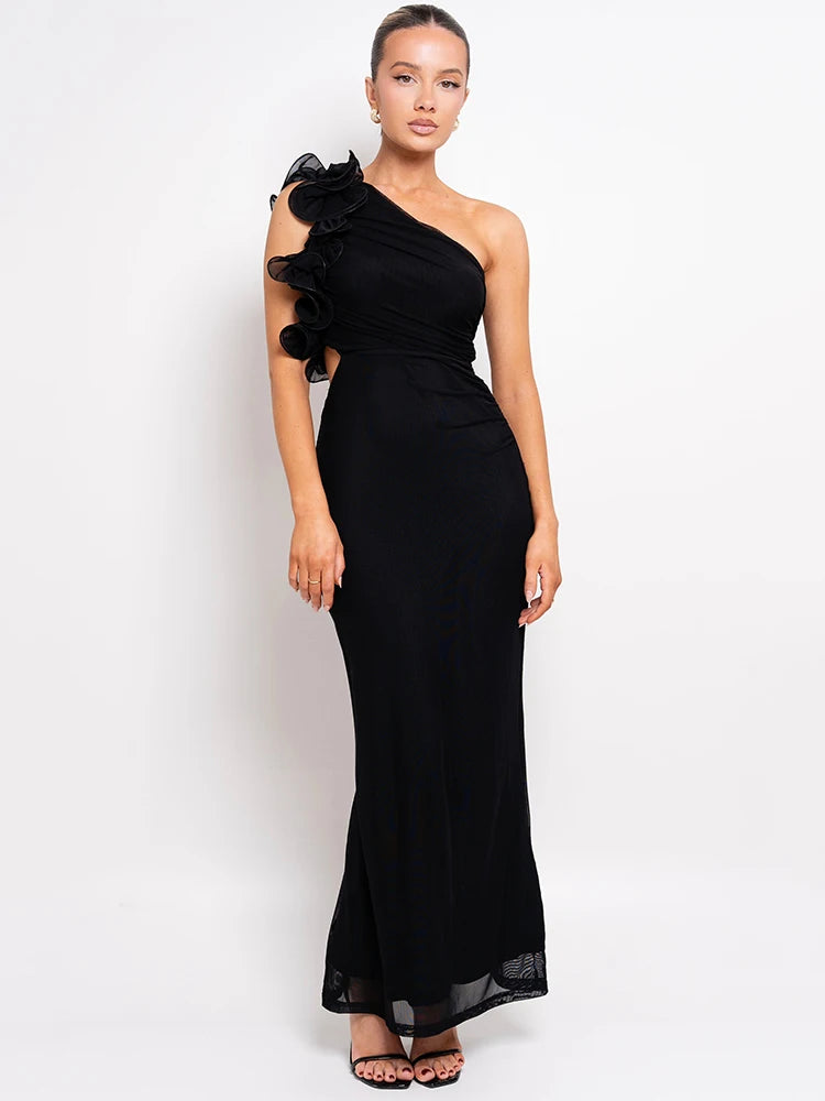 Shoulder Floral Mesh Ruched Sexy Maxi Dress for Women Gown Oblique Shoulder Sleeveless Backless Bodycon Long Dress Black / L Shoulder Floral Mesh Ruched Sexy Maxi Dress for Women Gown Oblique Shoulder Sleeveless Backless Bodycon Long Dress Black / L