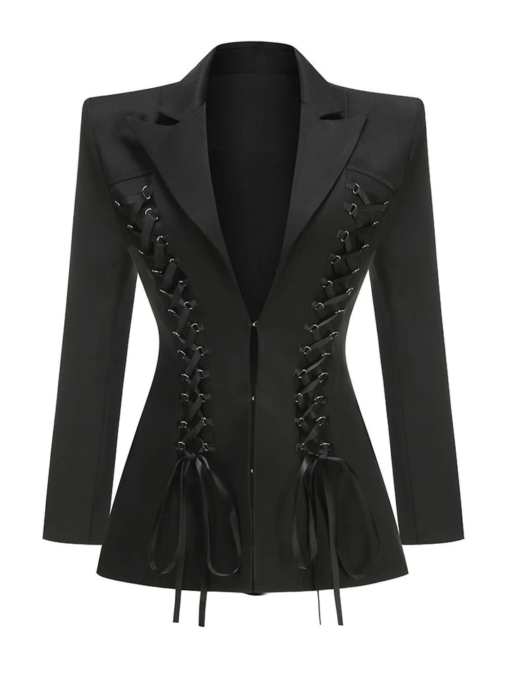 Black blazer with lace-up front on a white background
