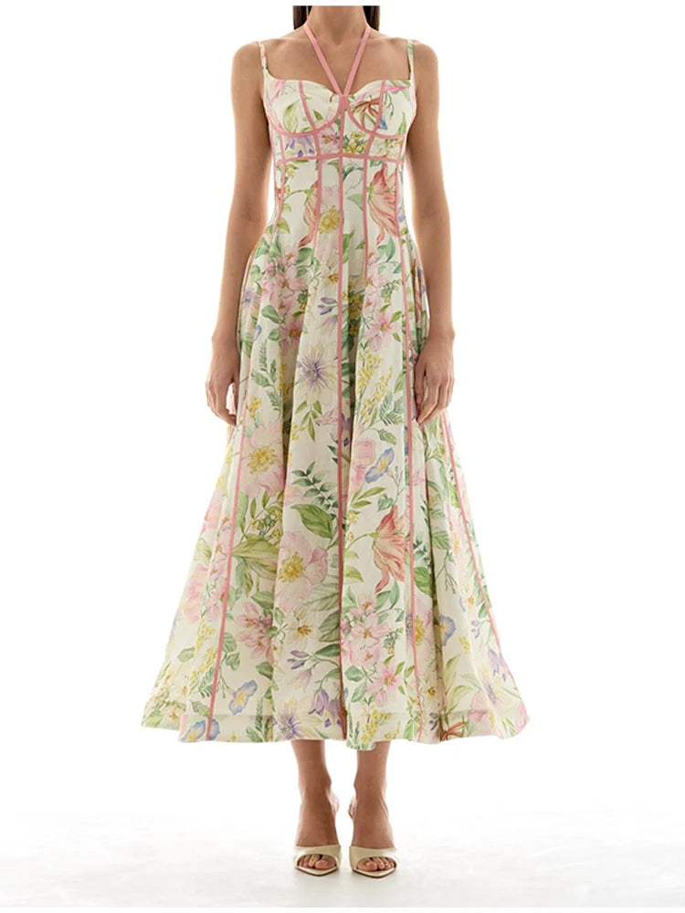 Woman wearing a floral dress on a white background