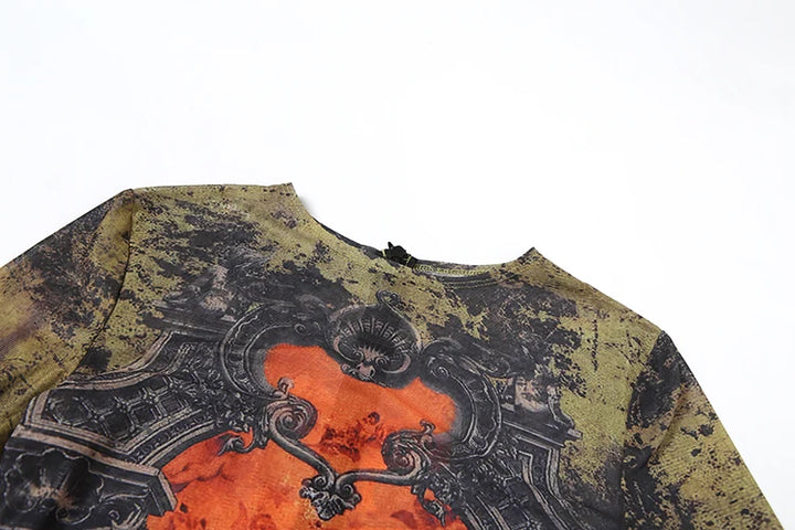 Woman in a patterned outfit standing in a bathroom