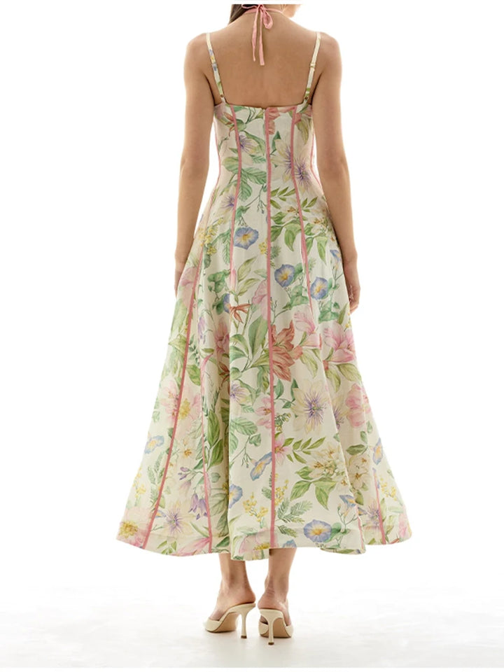 Woman wearing a floral dress on a white background