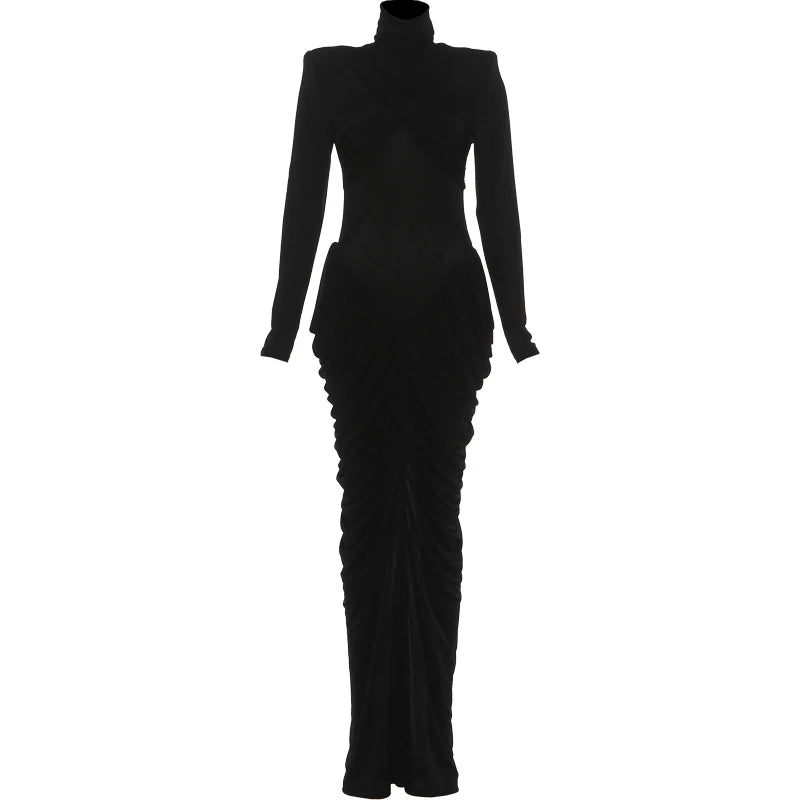 Black evening gown with ruched design on a white background