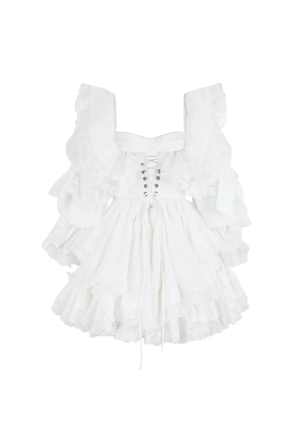 A white ruffled babydoll dress with a lace-up corset bodice, square neckline, and voluminous tiered skirt, shown against a plain white background.