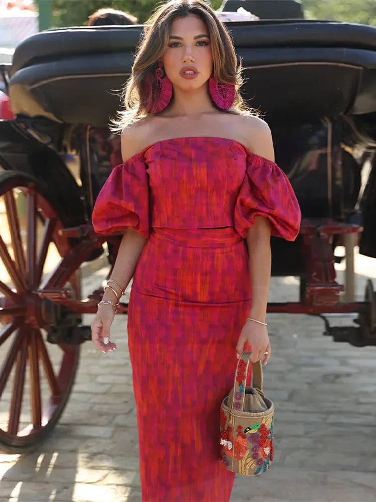 red dress two piece set Draped Corset Two Piece Maxi Dress Red