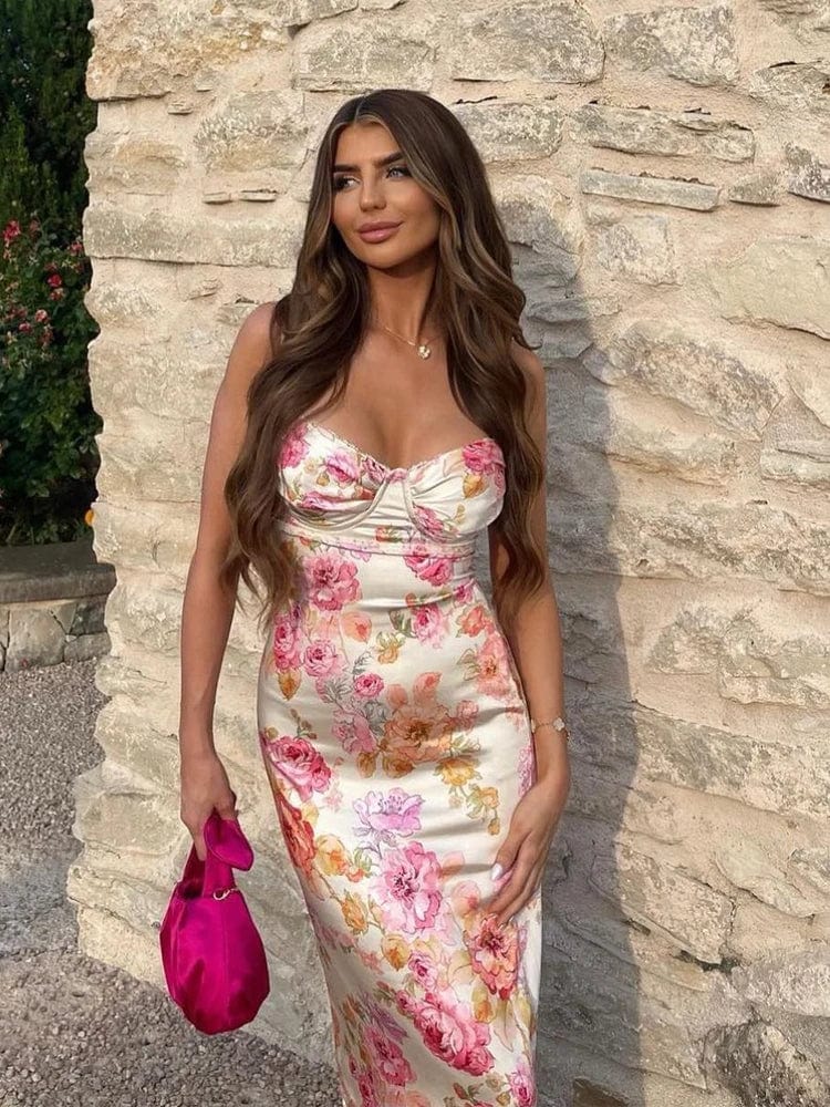 Summer Spaghetti Strap Floral Print Party Dresses Elegant Maxi Bodycon Wedding Guest Holiday Dress In Dress with lining pink / M Summer Spaghetti Strap Floral Print Party Dresses Elegant Maxi Bodycon Wedding Guest Holiday Dress In Dress with lining pink / M