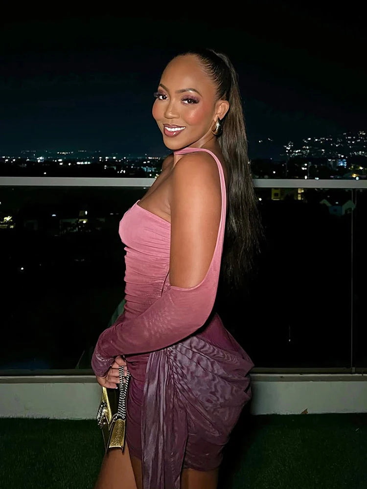 party mini dress This sheer design features strategic ruching along the sides and delicate ribbon detailing that creates a flattering silhouette. The fitted bodycon cut hugs your curves while the see-through fabric adds an alluring dimension perfect for evening occasions