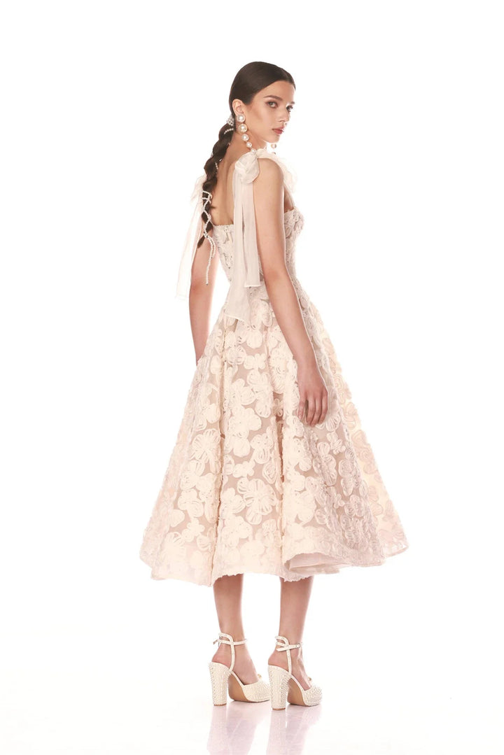 Woman wearing a light pink lace dress on a white background