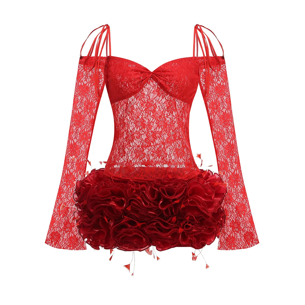 Red lace lingerie set with ruffled bottom on a white background