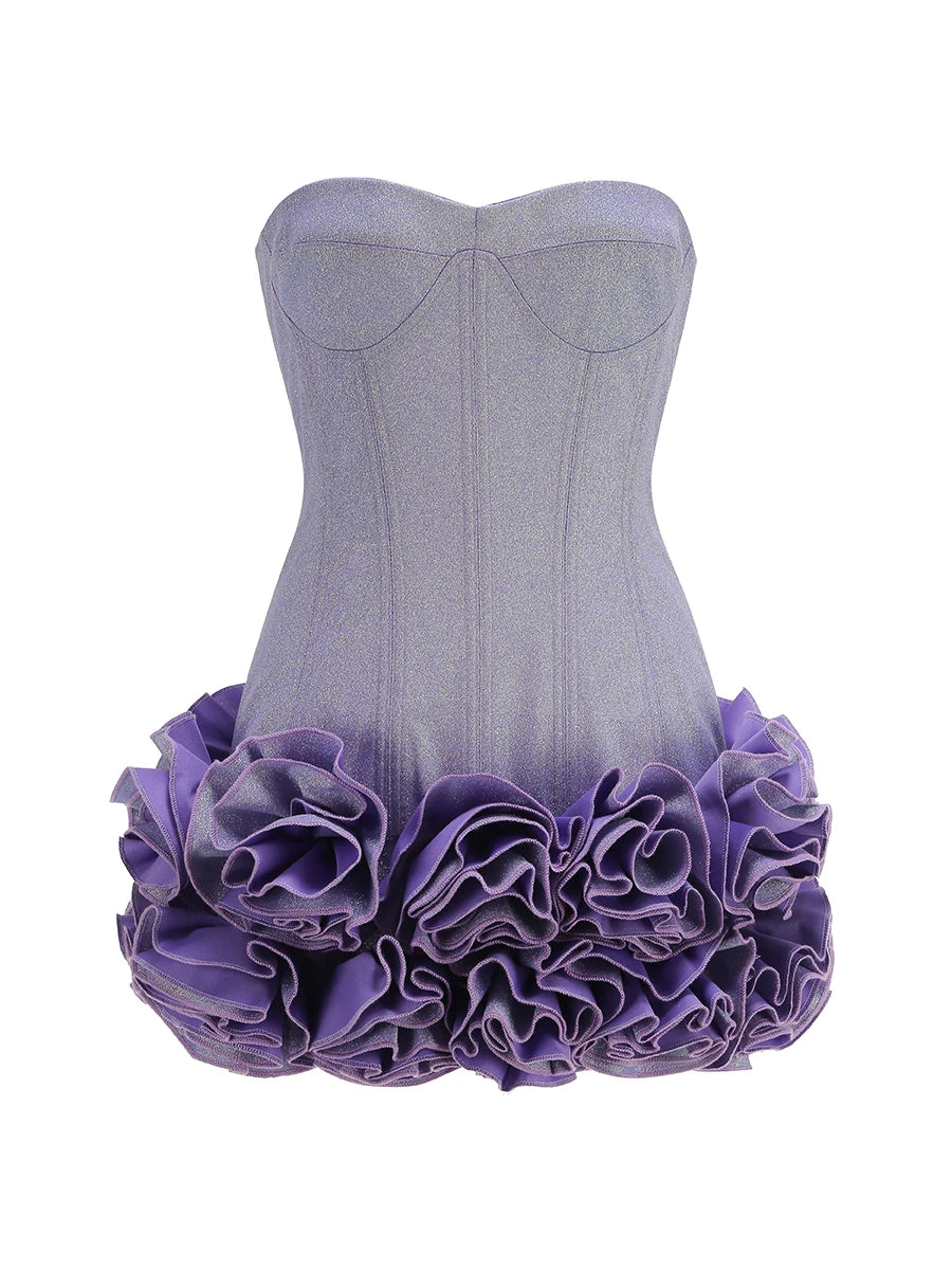 Purple strapless dress with ruffled skirt on a white background