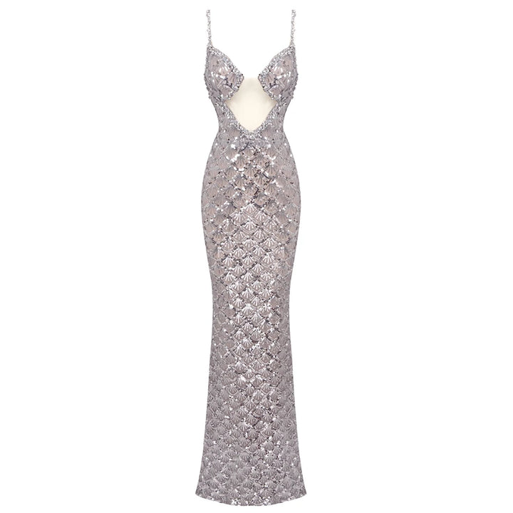 Silver sequin evening gown on a white background