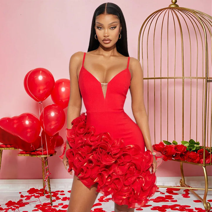 red mini dress This sleeveless bodycon silhouette features a flattering V-neckline and delicate straps that frame the shoulders beautifully