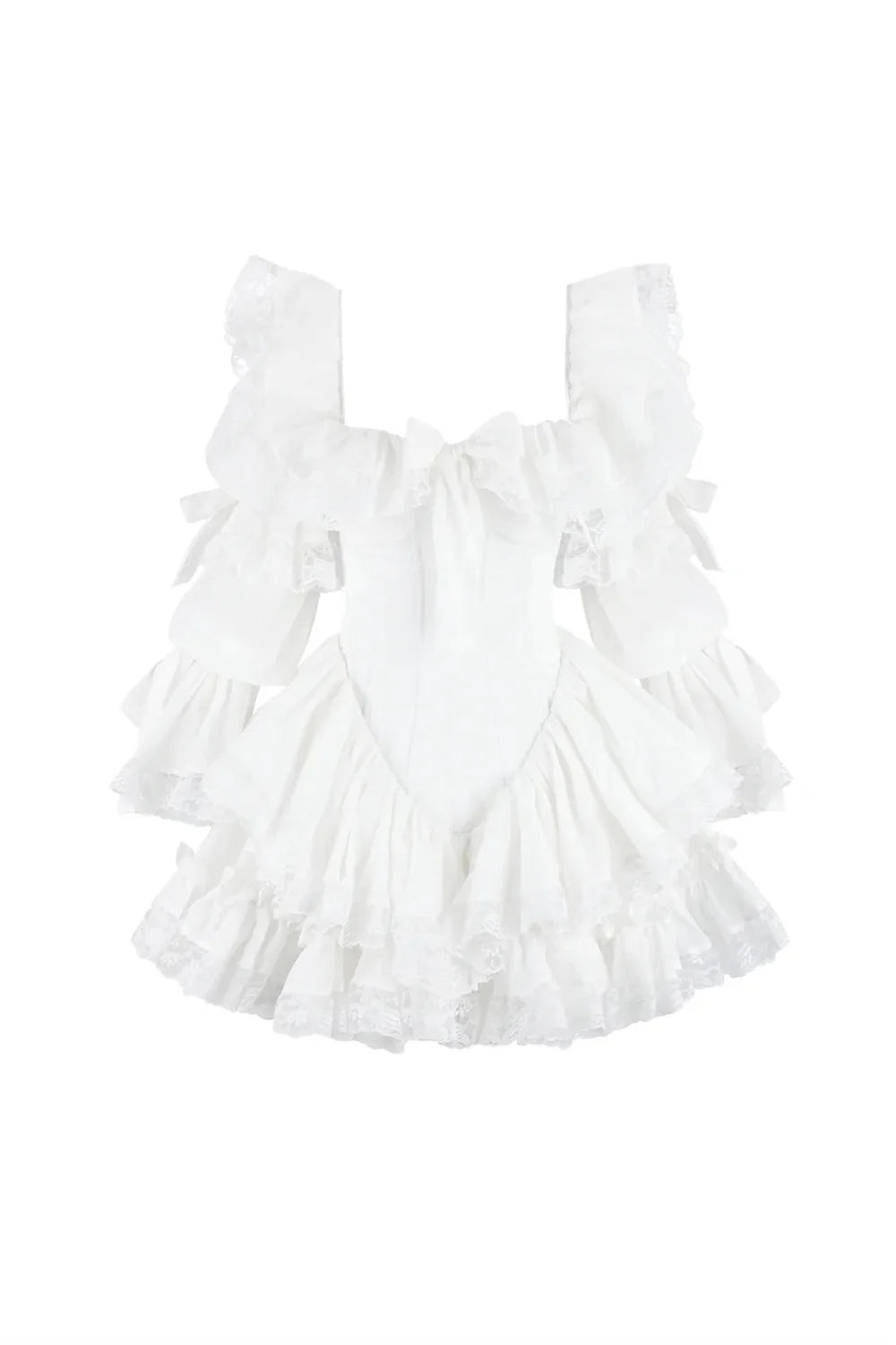 A white ruffled babydoll-style romper with a bow at the chest and layered ruffle details, shown against a plain white background.