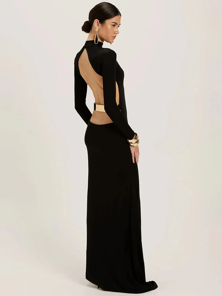  Black Maxi Dress combines sophisticated elegance with contemporary edge. This striking black gown features a high half-collar neckline and form-fitting bodycon silhouette that flatters your figure, while the dramatic backless design creates an unforgettable statement. 