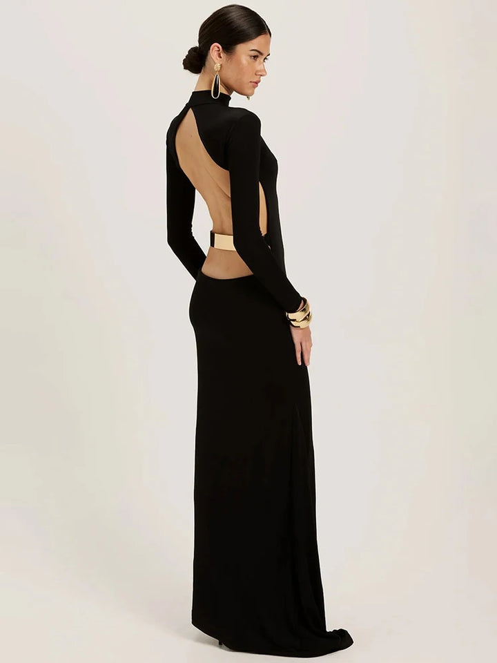  Black Maxi Dress combines sophisticated elegance with contemporary edge. This striking black gown features a high half-collar neckline and form-fitting bodycon silhouette that flatters your figure, while the dramatic backless design creates an unforgettable statement. 