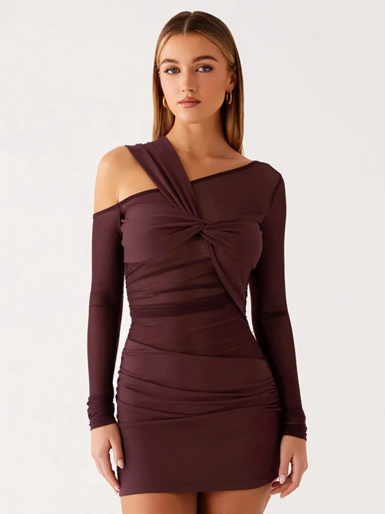 skylar mini dress Celenia Ruched Mesh Asymmetric Bodycon Mini Dress – Claret One Shoulder Mesh Detail Party Mini Dress Claret / M(UK 10)