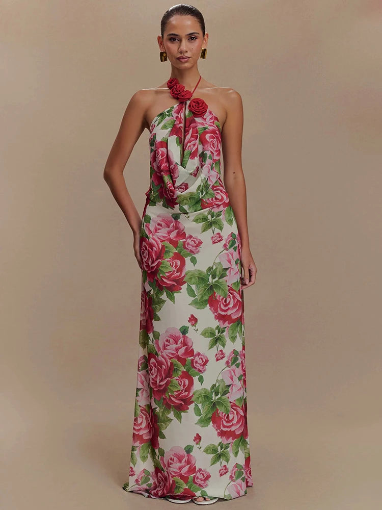 Woman wearing a floral dress with red and pink roses on a beige background