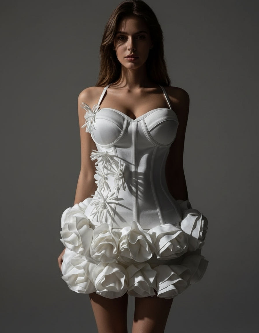 White floral dress worn by a model on a white background