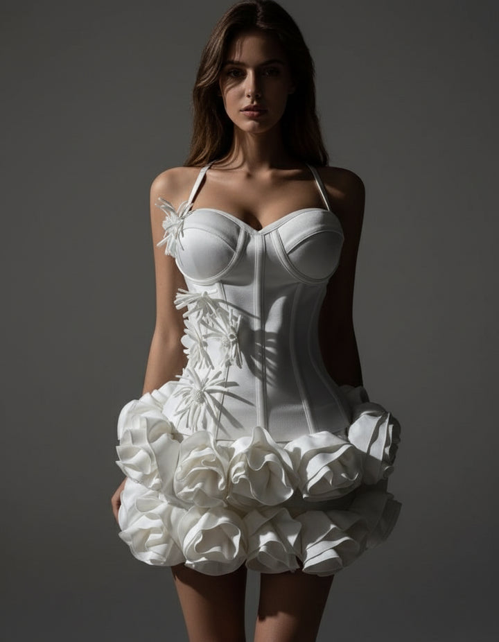 White floral dress worn by a model on a white background