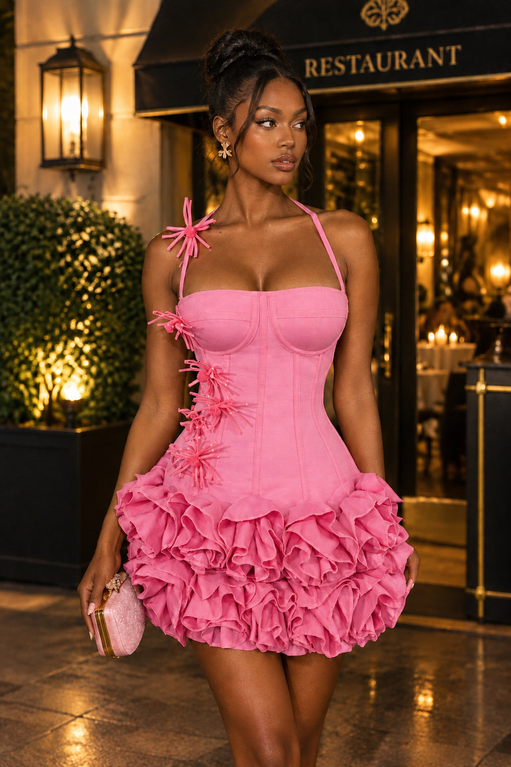 A woman models a bright pink mini dress with a structured corset-style bodice, halter neck, and a voluminous ruffled skirt, standing in front of a restaurant entrance at night.