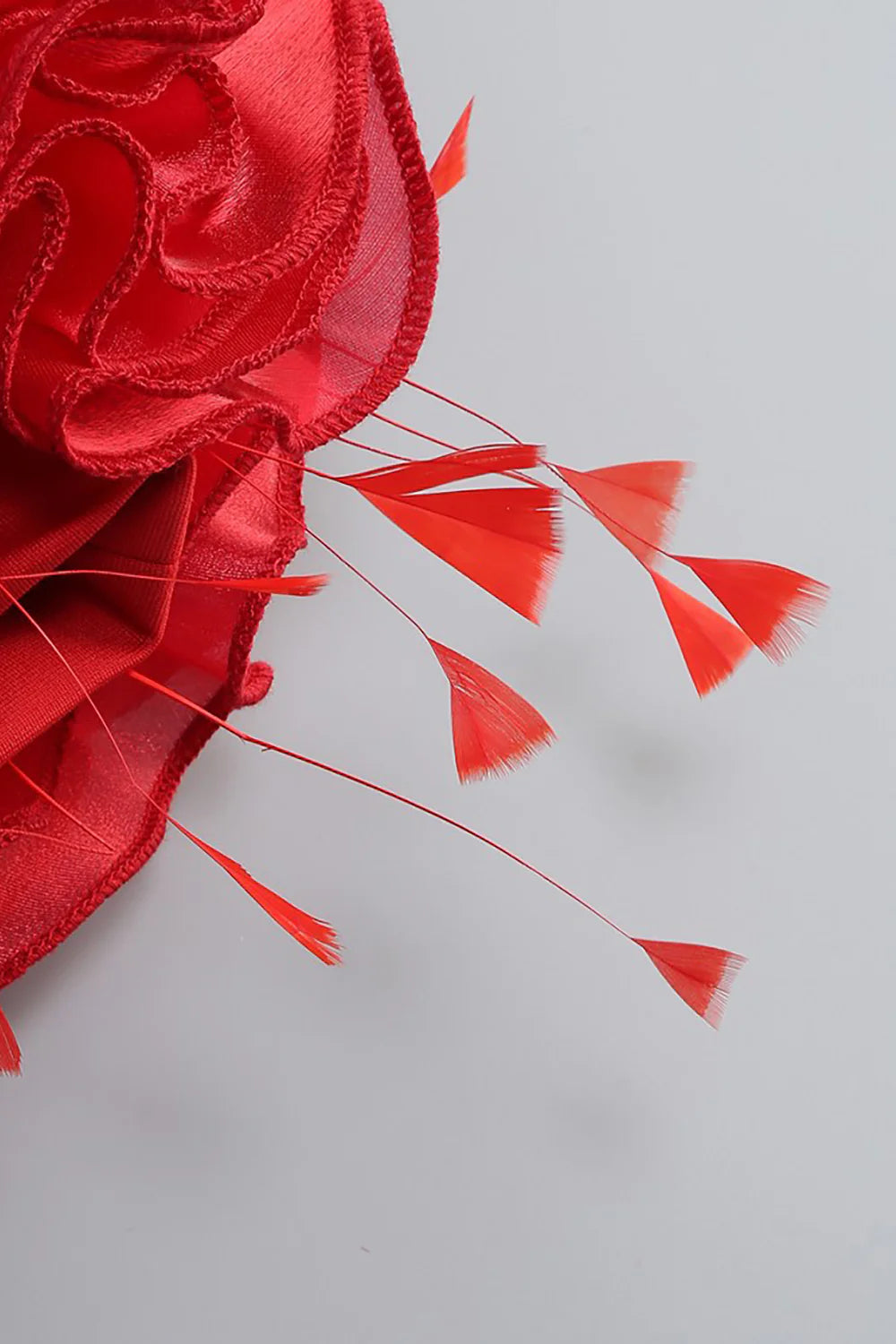 Red decorative flower with long thin petals on a light gray background